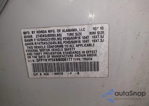 2011 Honda Ridgeline Rtl from USA, damaged, VIN 5FPYK1F5XBB006177